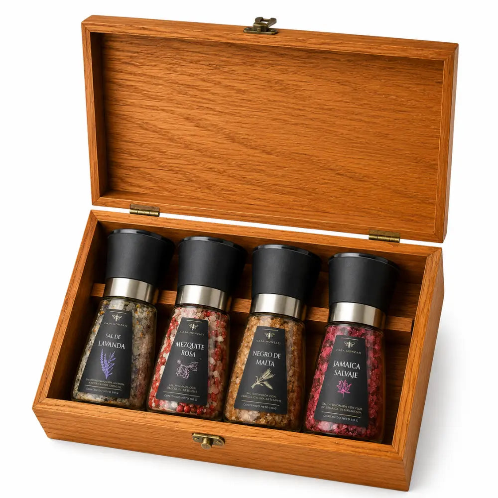 Caja de regalo abierta Casa Monzati con 4 sales marinas artesanales a elegir entre 16 variedades
