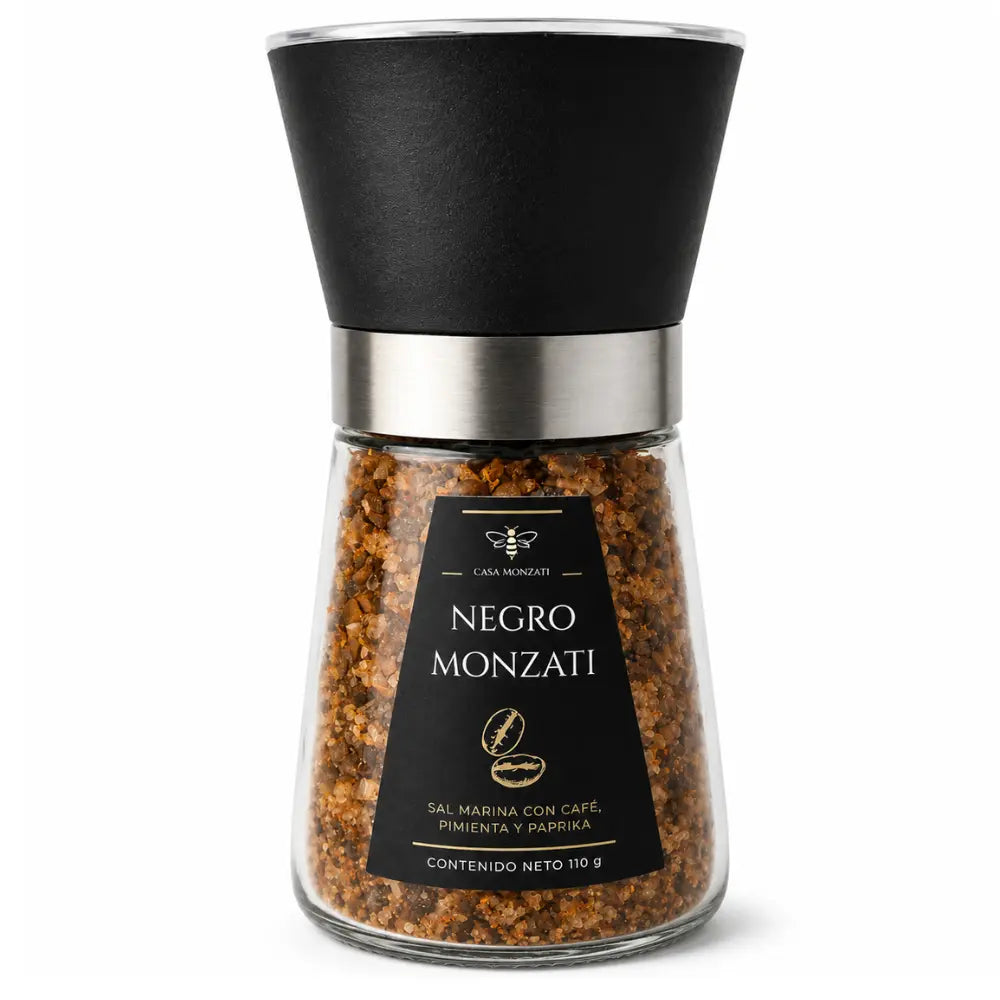 Sal marina artesanal Negro Monzati de Casa Monzati con café, pimienta y páprika - 255g
