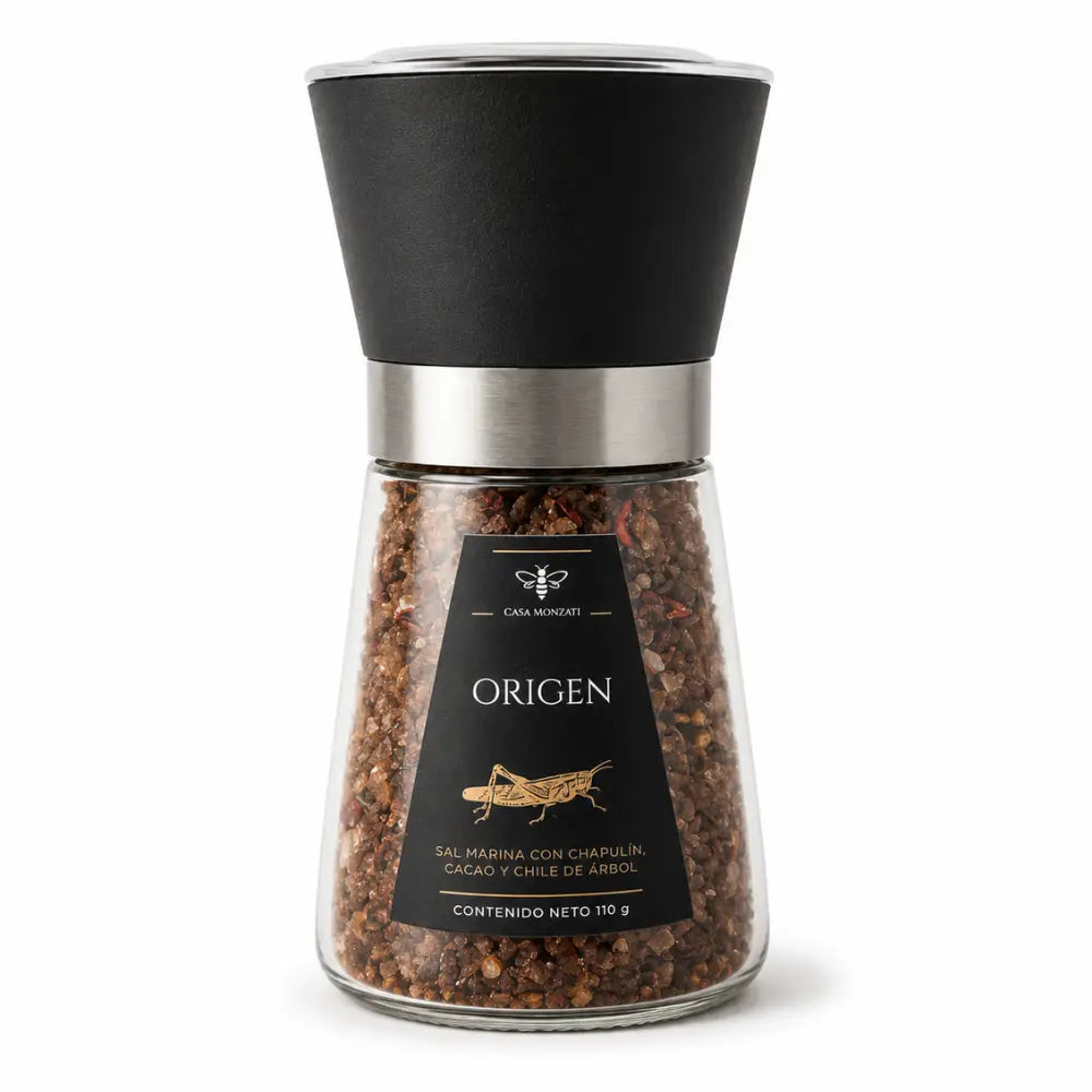 Sal marina artesanal Origen de Casa Monzati con chapulín, cacao y chile de árbol - 255g